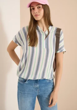 Kurzarm Bluse mit Split Neck und Streifen