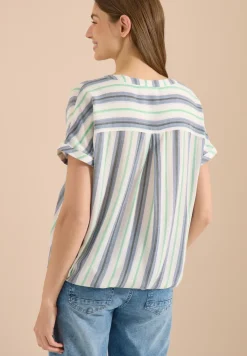 Kurzarm Bluse mit Split Neck und Streifen