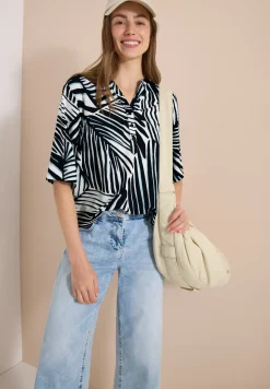 Kurzarm Bluse mit Split Neck und Print