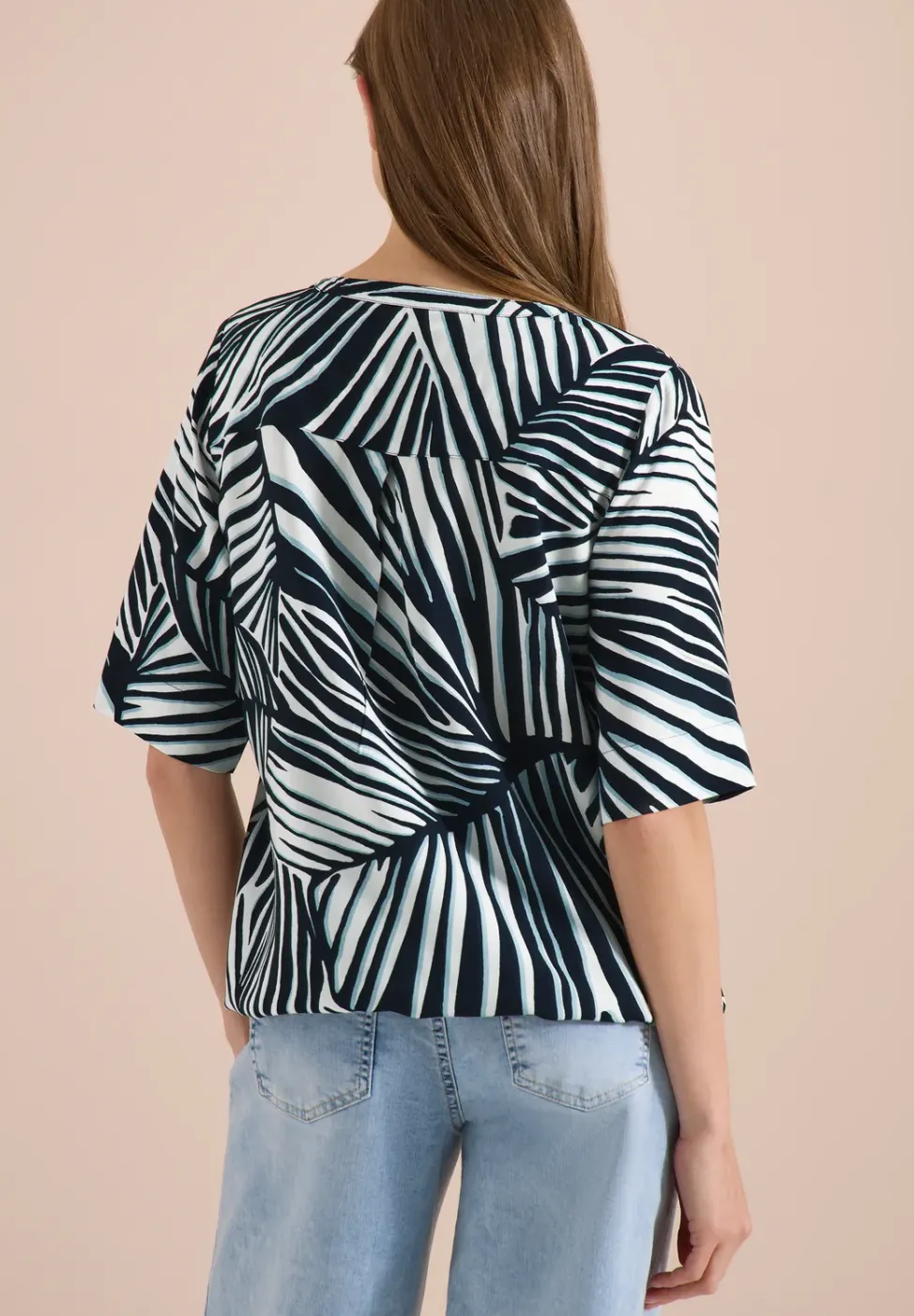 Kurzarm Bluse mit Split Neck und Print