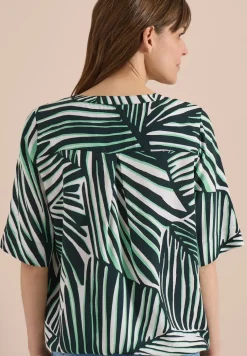 Kurzarm Bluse mit Split Neck und Print