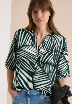 Kurzarm Bluse mit Split Neck und Print
