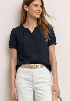 Kurzarm Bluse mit Split Neck und Knöpfen