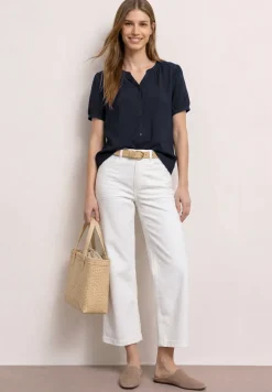 Kurzarm Bluse mit Split Neck und Knöpfen
