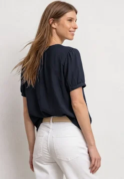Kurzarm Bluse mit Split Neck und Knöpfen