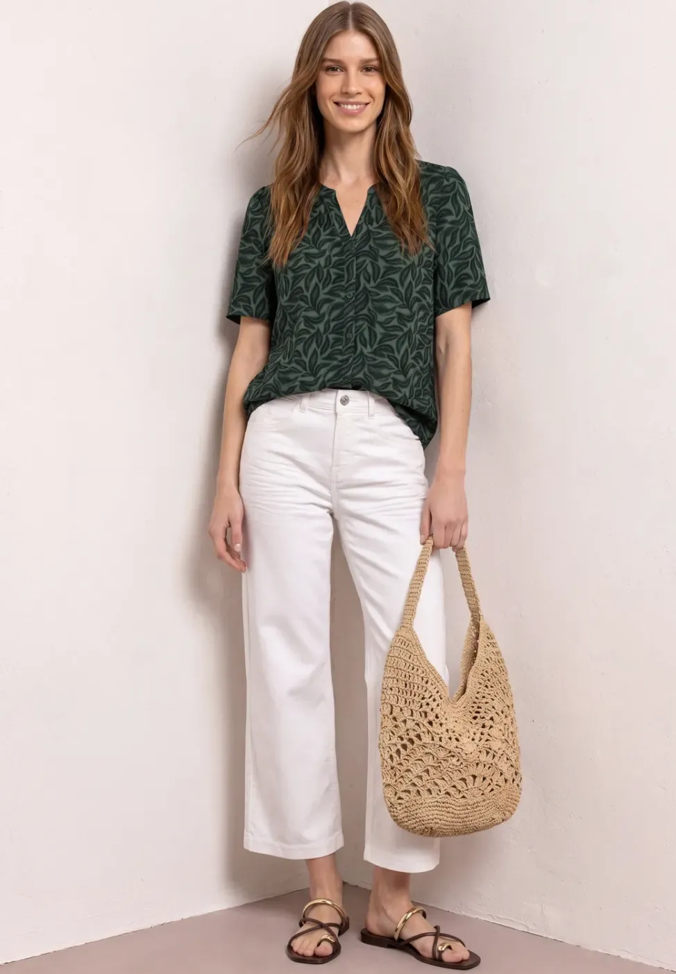 Kurzarm Bluse mit Split Neck und Knöpfen
