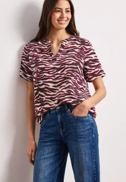 Kurzarm Bluse mit Split Neck und Print