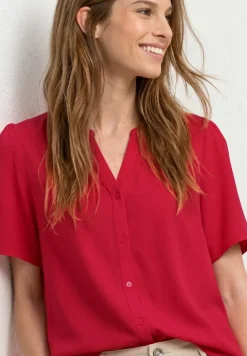 Kurzarm Bluse mit Split Neck und Knöpfen