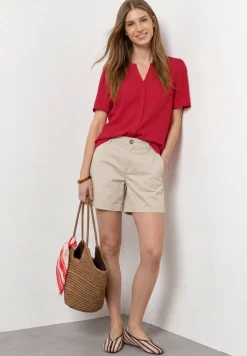 Kurzarm Bluse mit Split Neck und Knöpfen