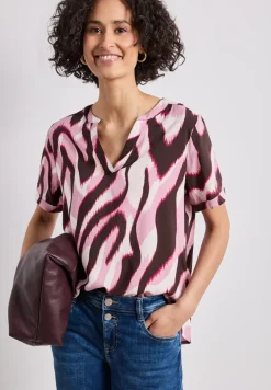 Kurzarm Bluse mit Split Neck und Print