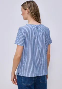 Kurzarm Bluse mit Split Neck und Streifen