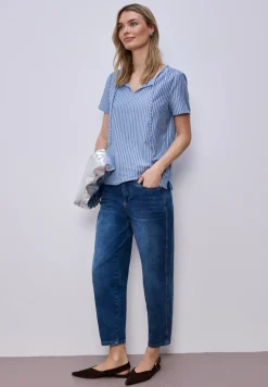 Kurzarm Bluse mit Split Neck und Streifen