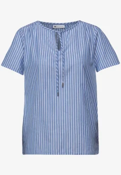 Kurzarm Bluse mit Split Neck und Streifen