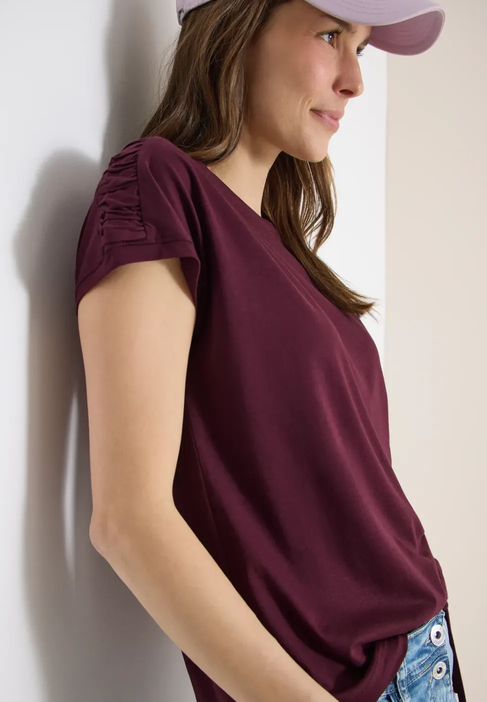 Kurzarm Shirt mit Boatneck und Raffung