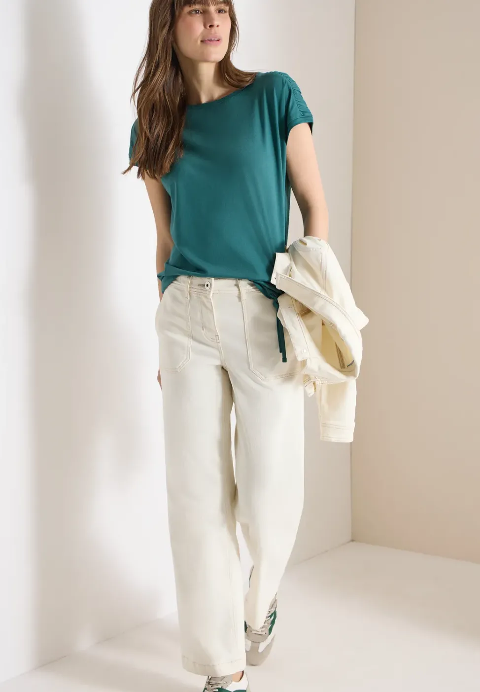 Kurzarm Shirt mit Boatneck und Raffung