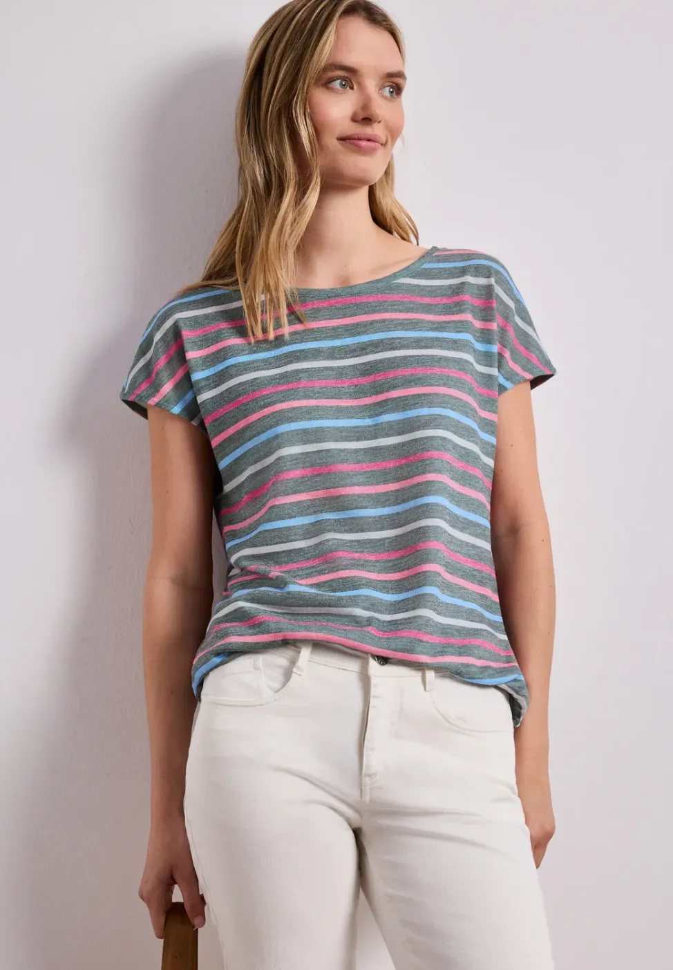 Kurzarm Shirt mit Rundhals und Streifen
