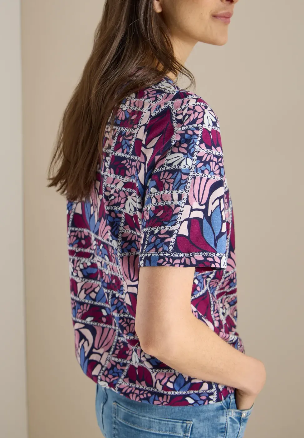 Kurzarm Shirt mit Split Neck und Print