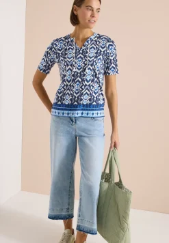 Kurzarm Shirt mit Split Neck und Print