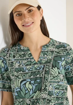 Kurzarm Shirt mit Split Neck und Print