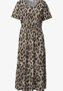 Midi-Kleid mit Print und Smok-Detail