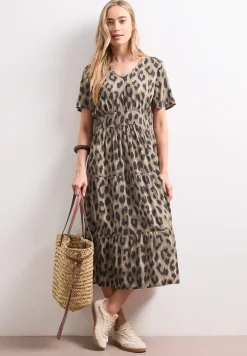 Midi-Kleid mit Print und Smok-Detail