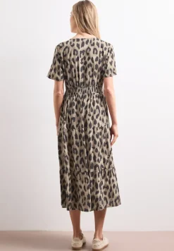 Midi-Kleid mit Print und Smok-Detail