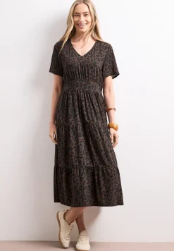 Midi-Kleid mit Print und Smok-Detail