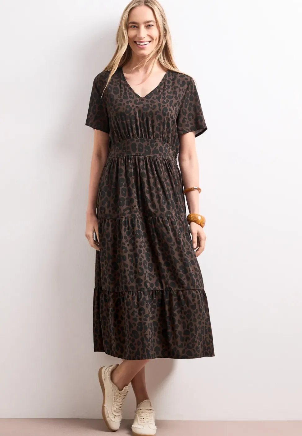 Midi-Kleid mit Print und Smok-Detail