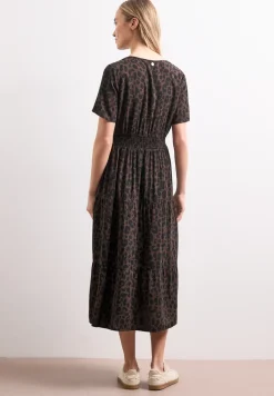 Midi-Kleid mit Print und Smok-Detail