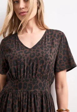 Midi-Kleid mit Print und Smok-Detail