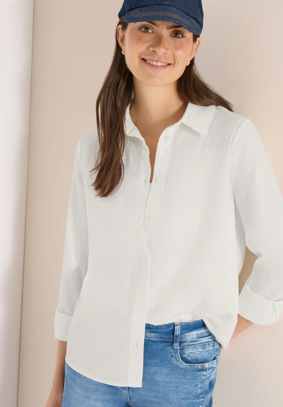 Seersucker Langarm Bluse mit Knopfleiste