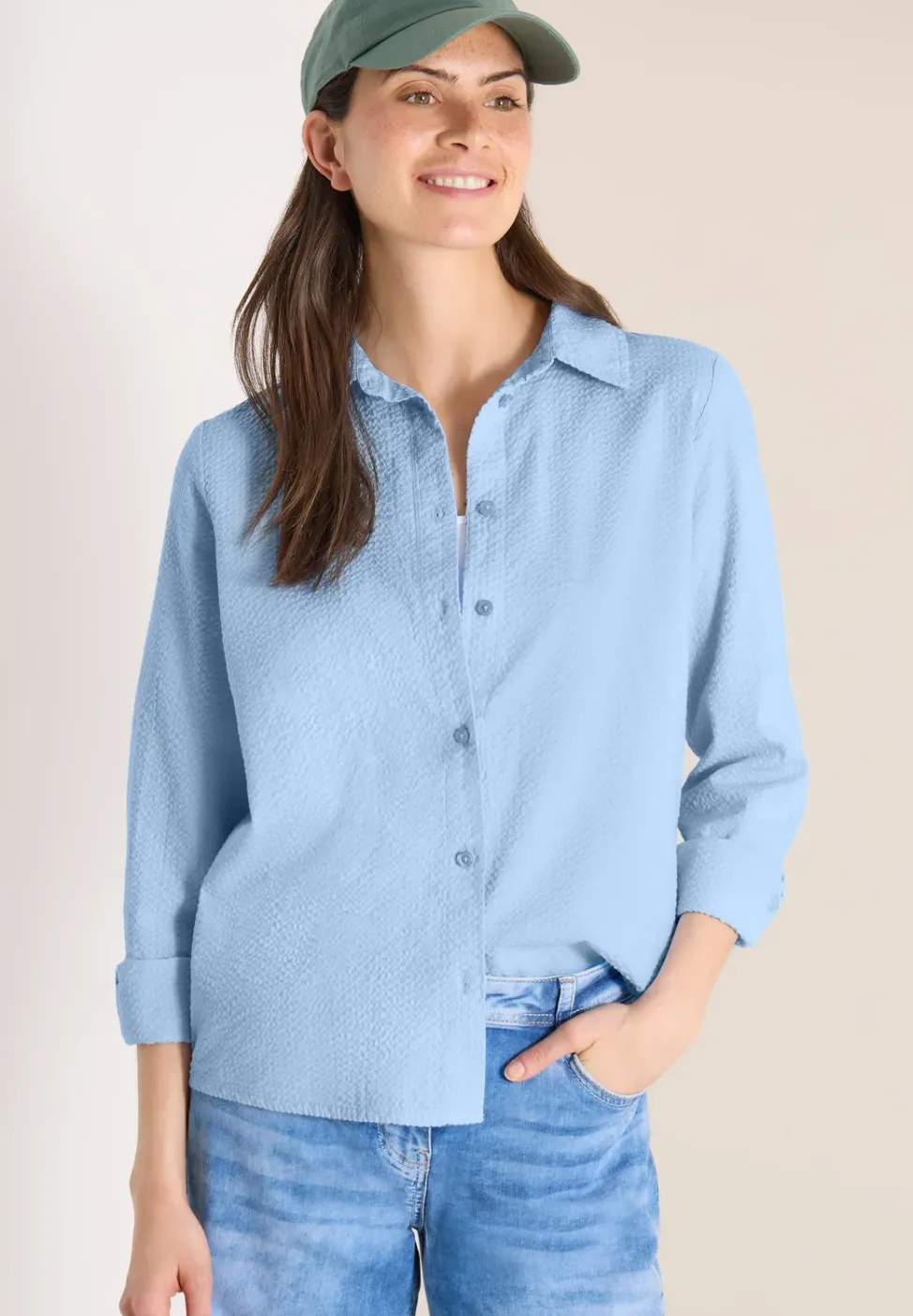 Seersucker Langarm Bluse mit Knopfleiste