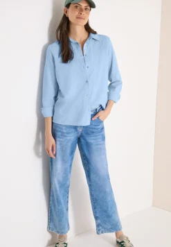 Seersucker Langarm Bluse mit Knopfleiste