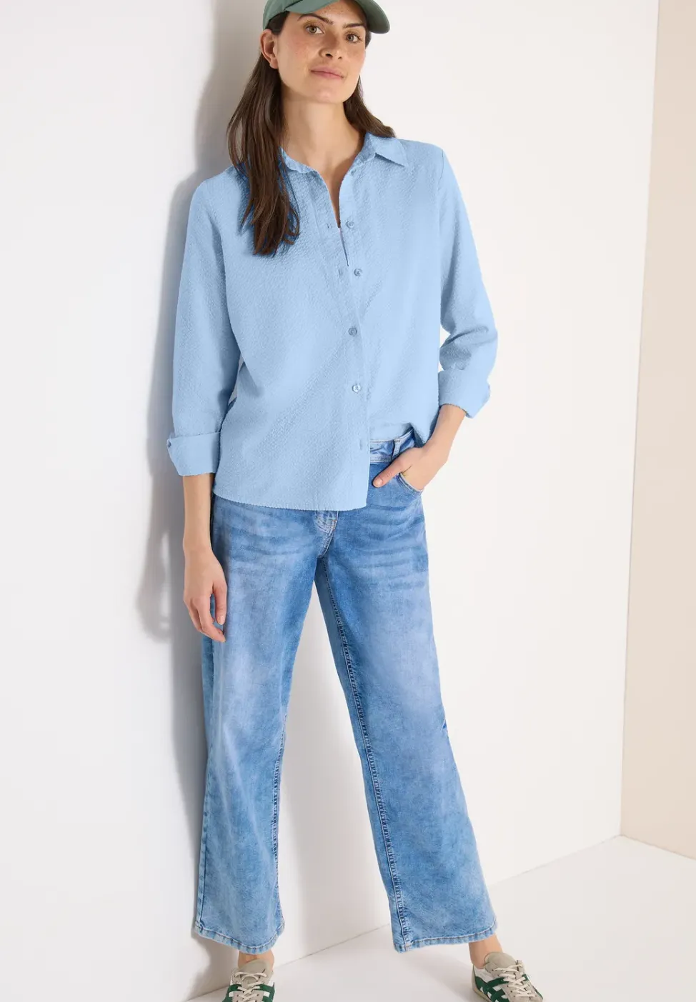 Seersucker Langarm Bluse mit Knopfleiste