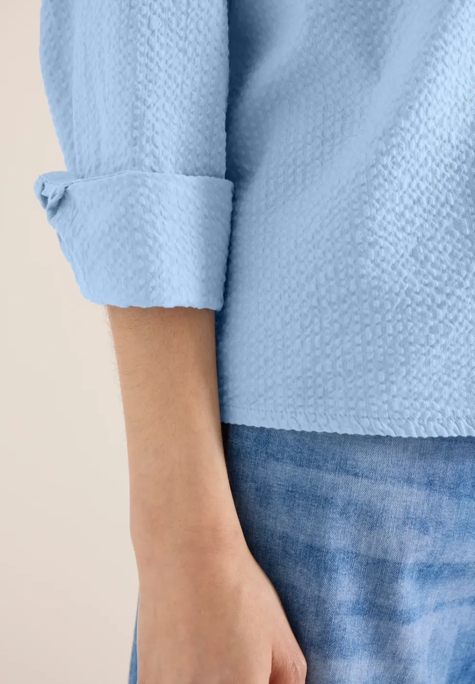 Seersucker Langarm Bluse mit Knopfleiste