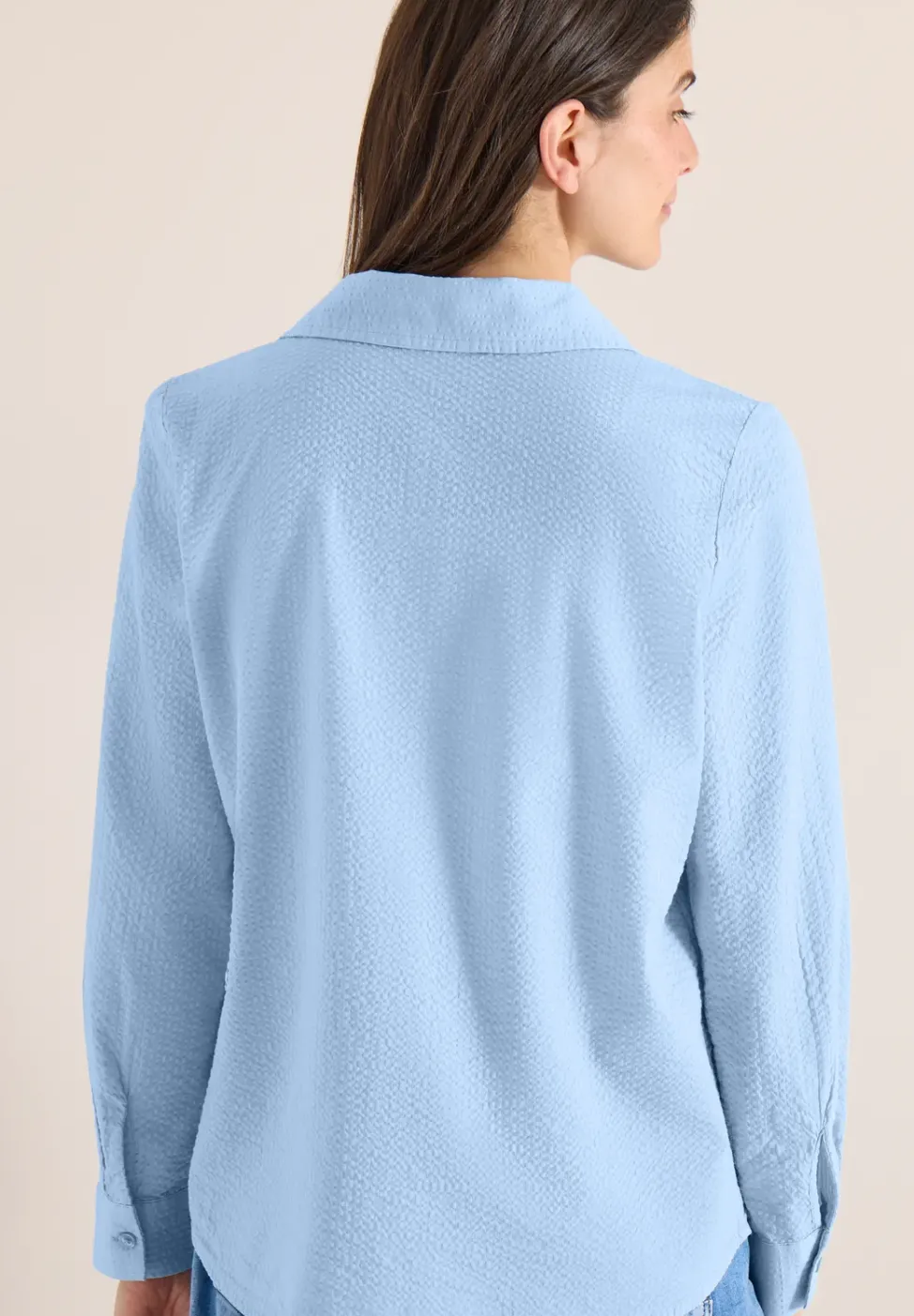 Seersucker Langarm Bluse mit Knopfleiste