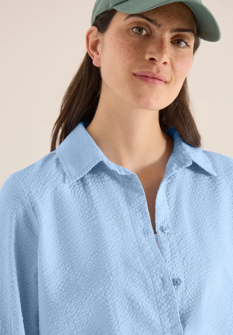Seersucker Langarm Bluse mit Knopfleiste