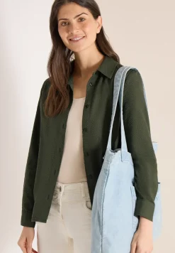 Seersucker Langarm Bluse mit Knopfleiste