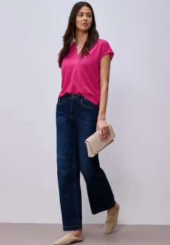 Shirt mit Split Neck im Strick-Look
