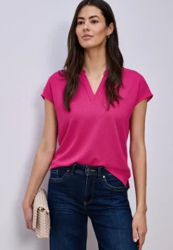 Shirt mit Split Neck im Strick-Look