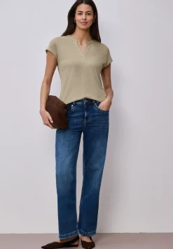 Shirt mit Split Neck im Strick-Look