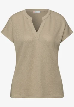 Shirt mit Split Neck im Strick-Look