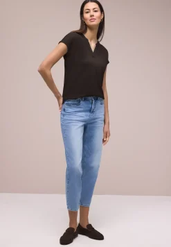 Shirt mit Split Neck im Strick-Look