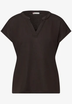 Shirt mit Split Neck im Strick-Look
