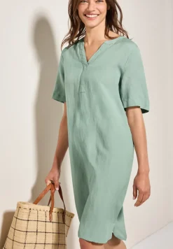 Split Neck Leinenmix Kleid