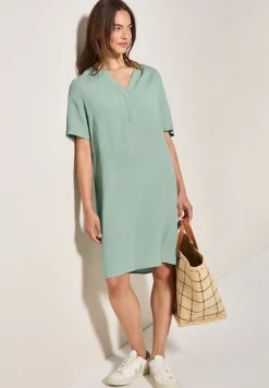 Split Neck Leinenmix Kleid