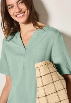 Split Neck Leinenmix Kleid