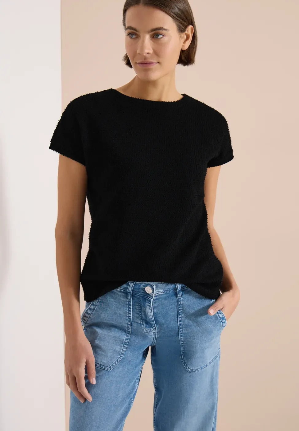 T-Shirt mit Boatneck im Ajour-Look