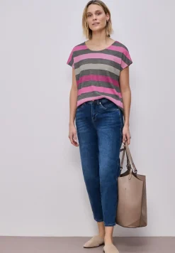 T-Shirt mit gerundetem V-Neck und Streifen
