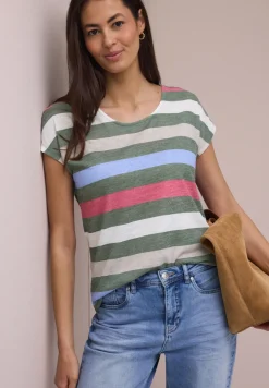 T-Shirt mit gerundetem V-Neck und Streifen